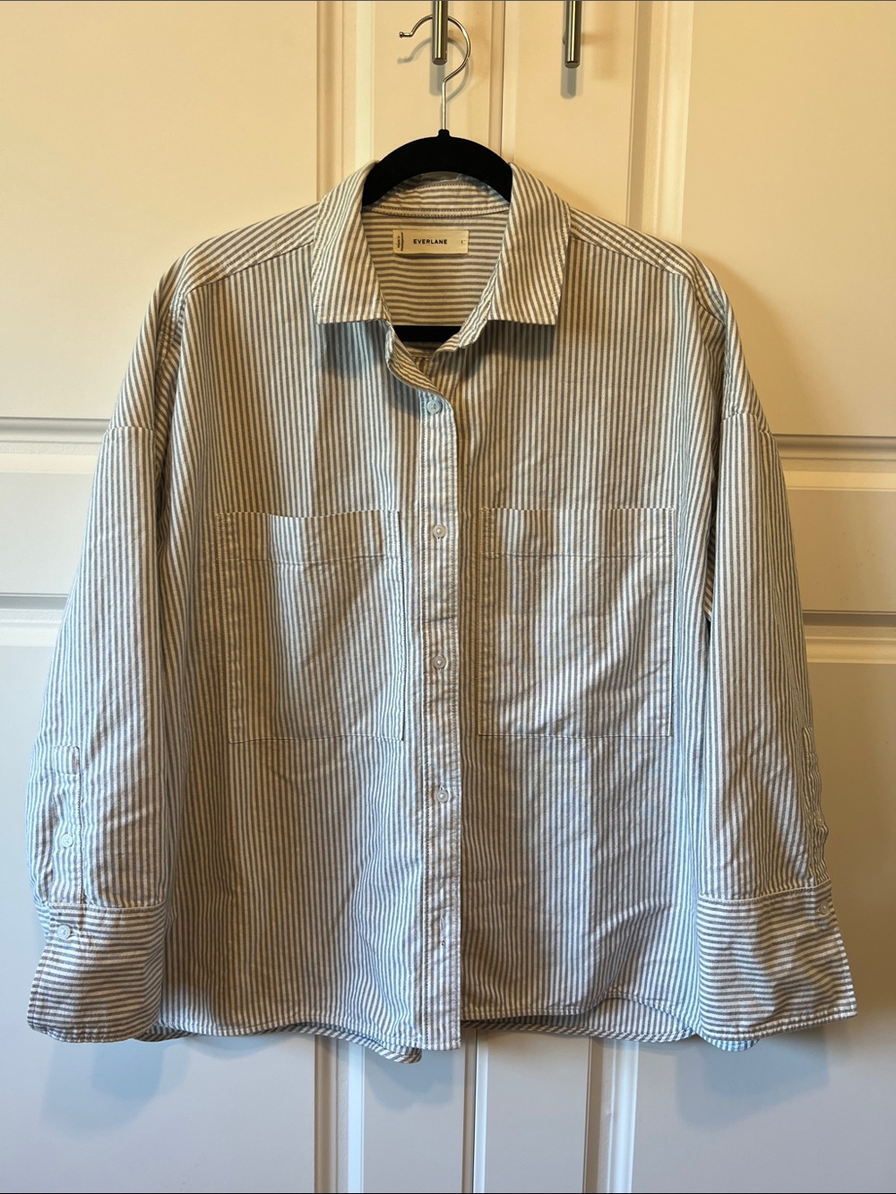 Everlane Boxy Oxford, Gray/White Stripe, L, Like New